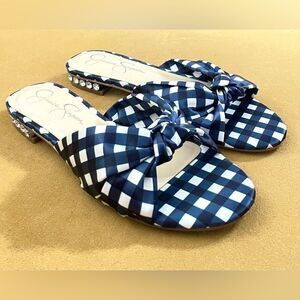 NWOT Jessica Simpson Sashara Blue & White Checked Slides Rhinestone Heels 7.5